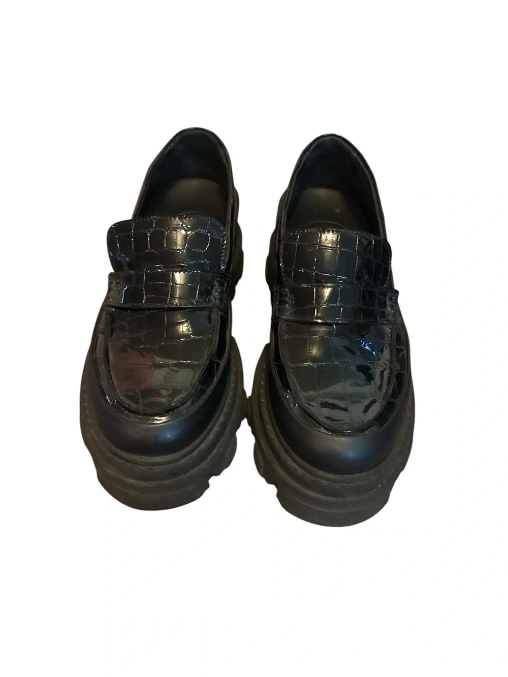 GANNI Chunky Platform Croc-Embossed Loafers in Black EU 36